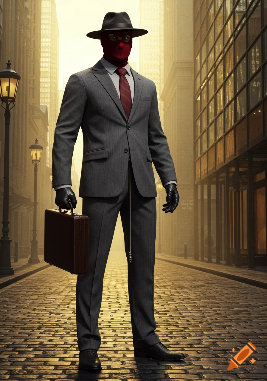 A man in a pinstriped suit, red balaclava, and fedora stands on a cobblestone street, holding a briefcase. Photorealistic.