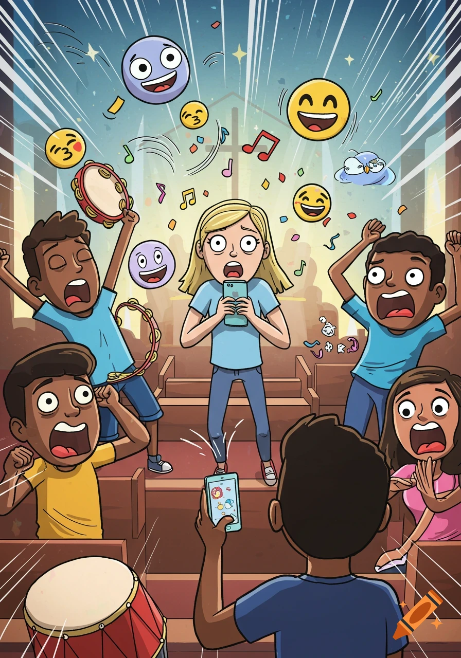 A chaotic cartoon church youth event where a girl is caught using her phone, surrounded by shocked and laughing kids, with emojis and musical notes flying.
