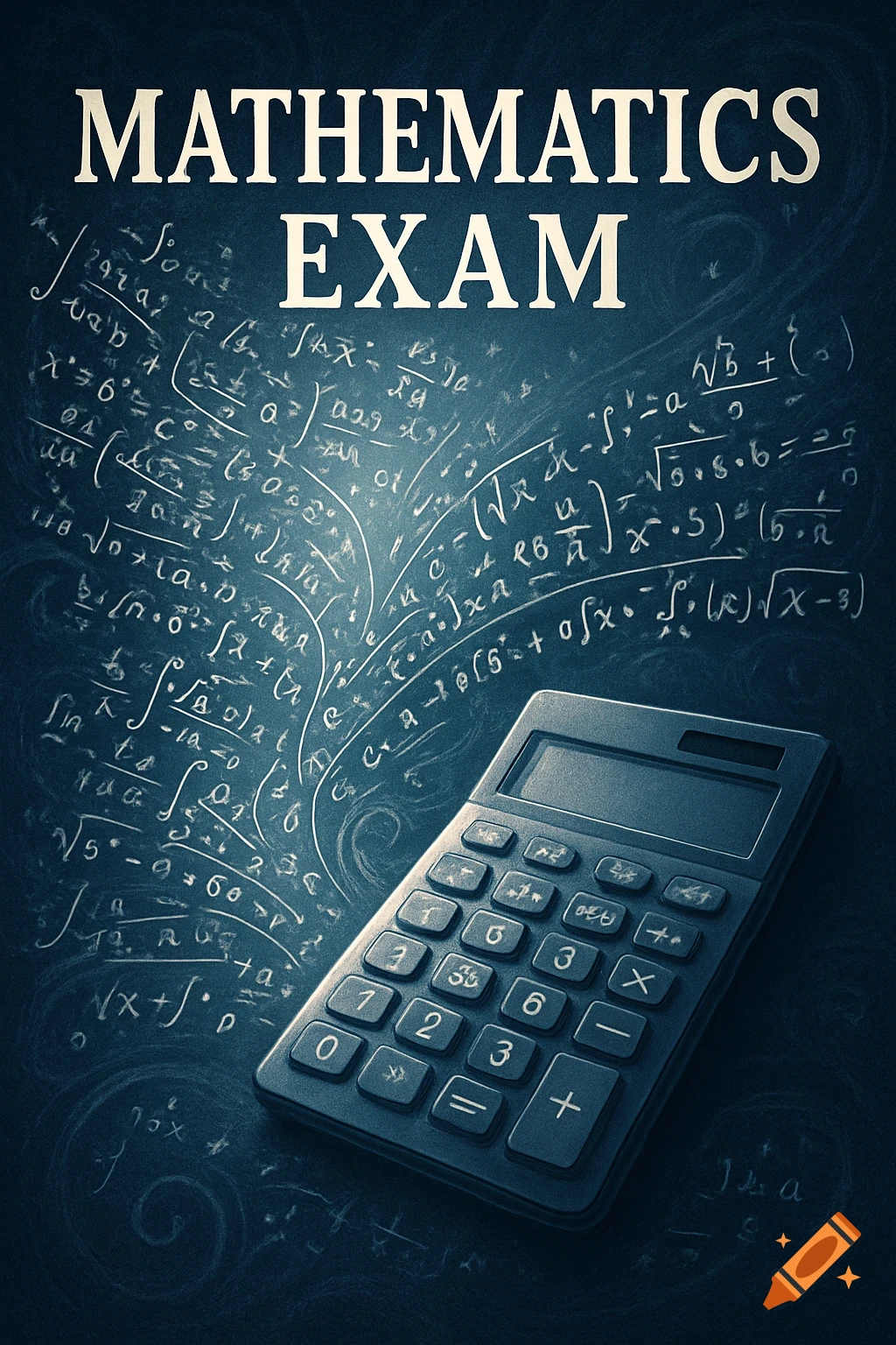 A mathematics exam cover featuring a calculator and glowing mathematical formulas on a dark background.