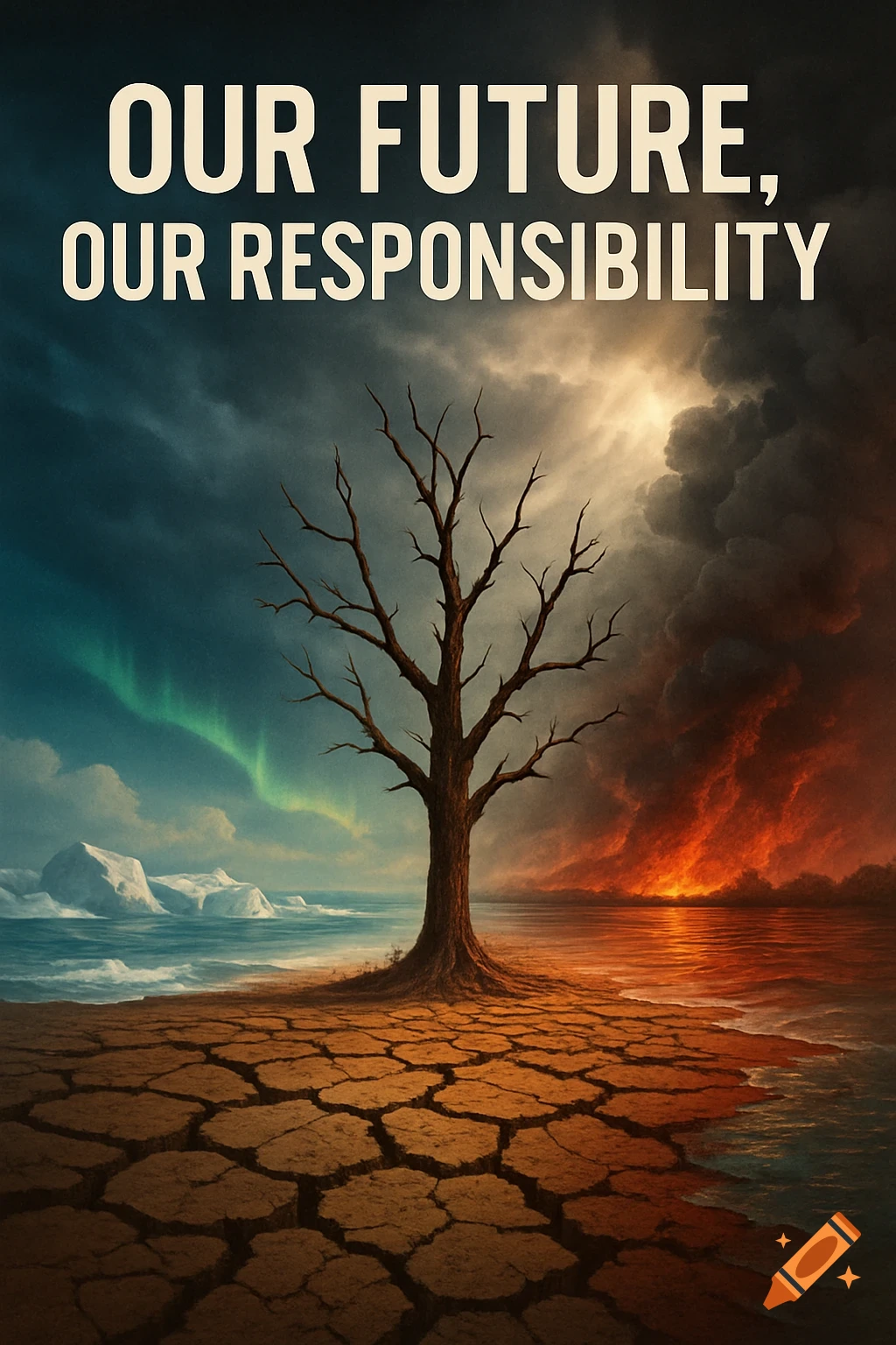 A barren tree on cracked earth, with icebergs and aurora on one side, and wildfires on the other, under the text 'OUR FUTURE, OUR RESPONSIBILITY'.