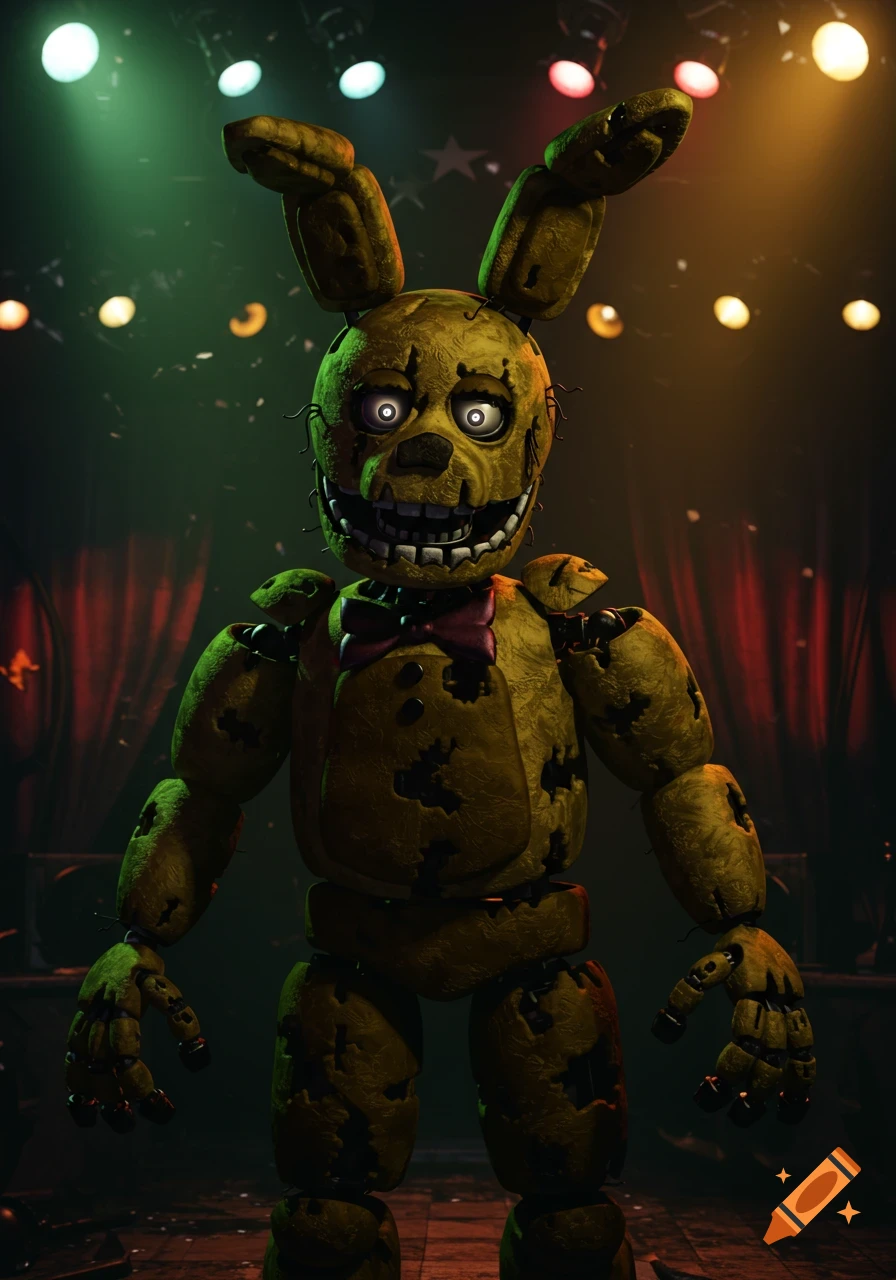 A full-body shot of Spring Bonnie, a distressed yellow animatronic rabbit with glowing white eyes and a wide grin, on a dimly lit stage with red curtains and spotlights.