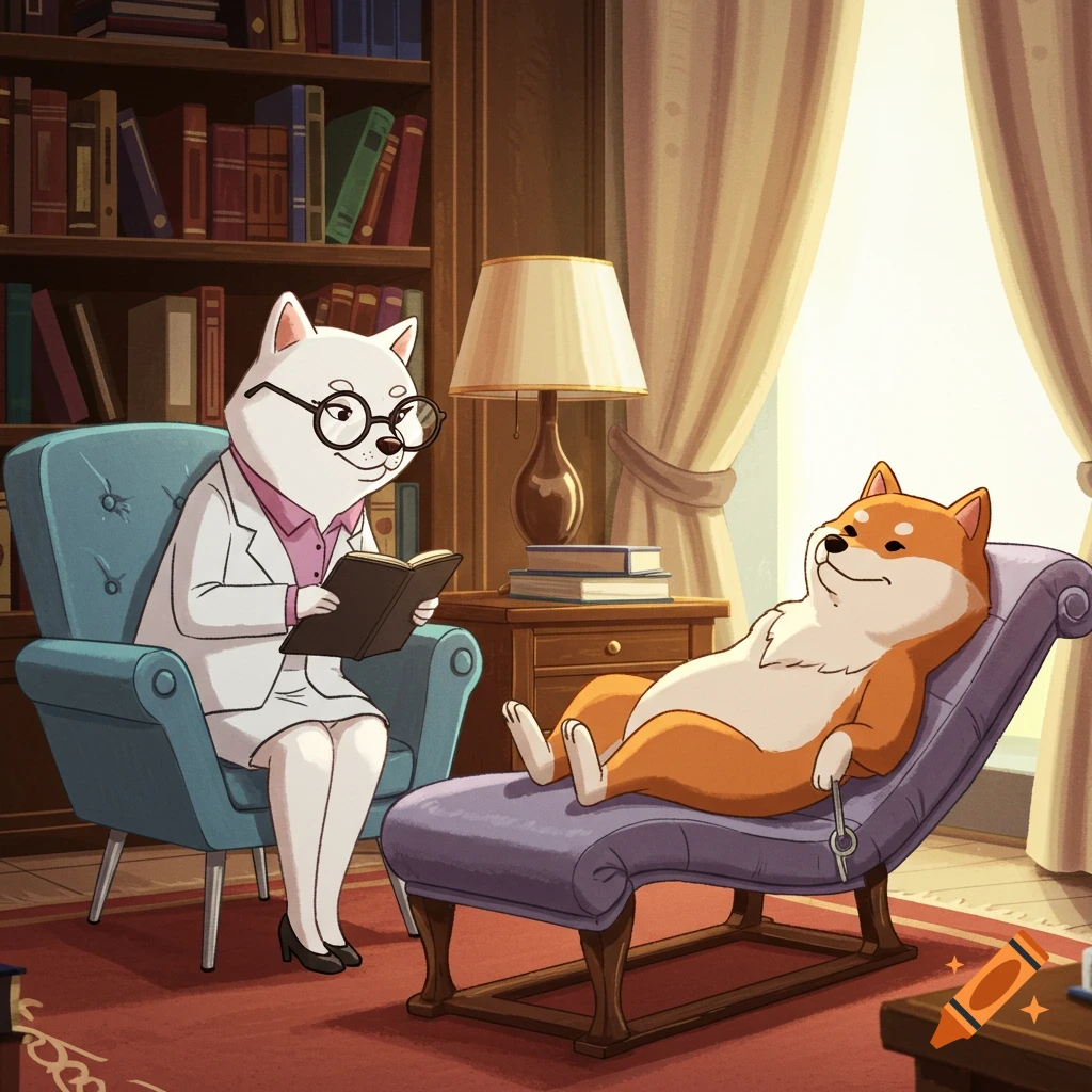 An animated white Shiba Inu psychoanalyst listens to a brown Shiba Inu patient on a chaise longue in a book-lined room.