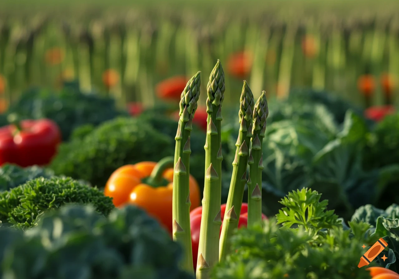 Close-up of green asparagus spears among red and orange bell peppers, kale, and parsley in a sunny garden.