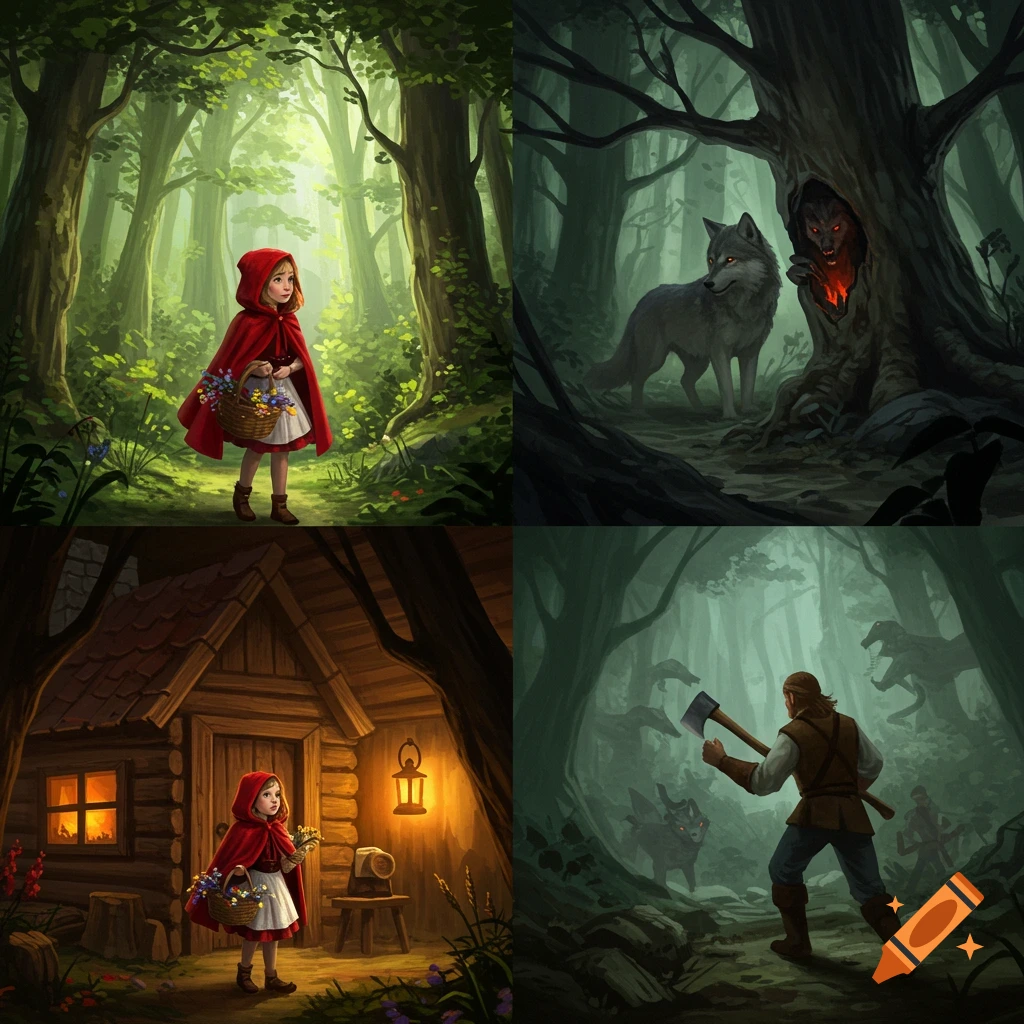 Four illustrative scenes from Little Red Riding Hood: a girl in a forest, a wolf by a haunted tree, the girl by a cabin, and a woodsman fighting wolves.