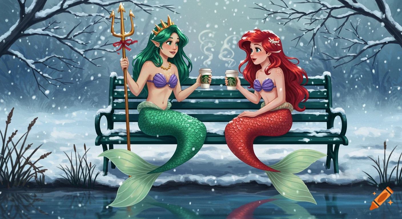 Two anime mermaids, one with green hair, one with red, sit on a snowy park bench, drinking coffee in a winter landscape.