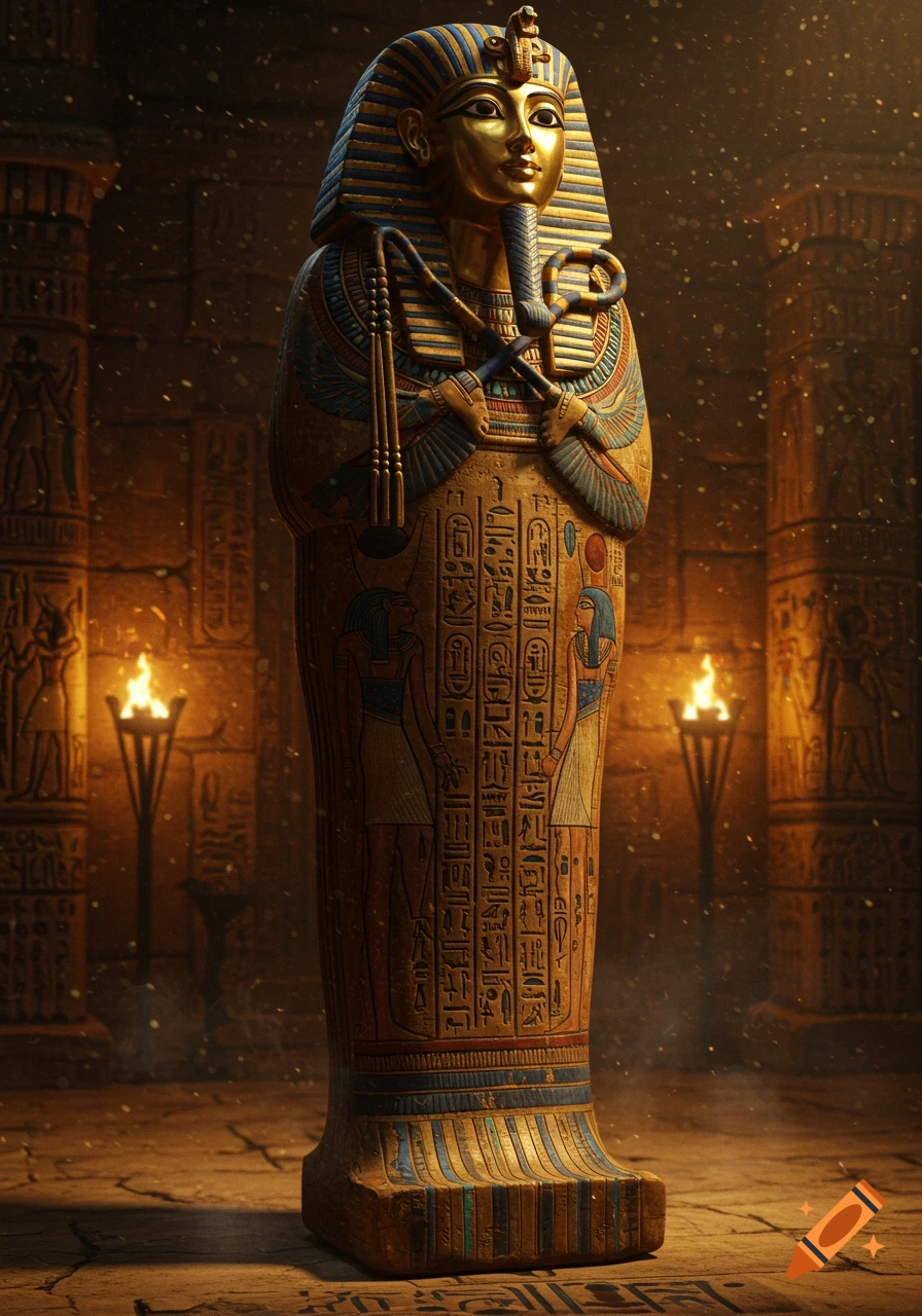 A golden Egyptian sarcophagus, intricately decorated with blue and gold stripes and hieroglyphs, stands illuminated by torches in a dark, ancient tomb.