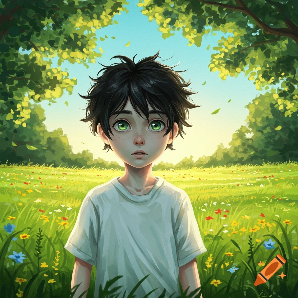 Anime-style boy with dark hair and green eyes stands in a sunny, green ...