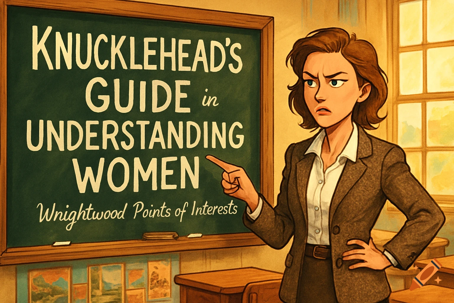 A stern cartoon teacher points at a blackboard reading 'Knucklehead's Guide in Understanding Women' in a classroom.