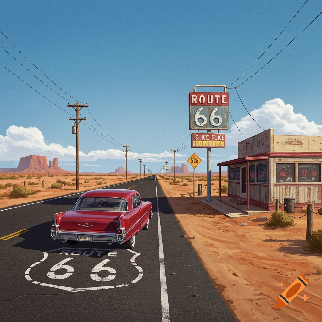 A vibrant illustration of a red classic car driving on Route 66 through a desert landscape with mesas, a retro diner, and a large Route 66 sign.