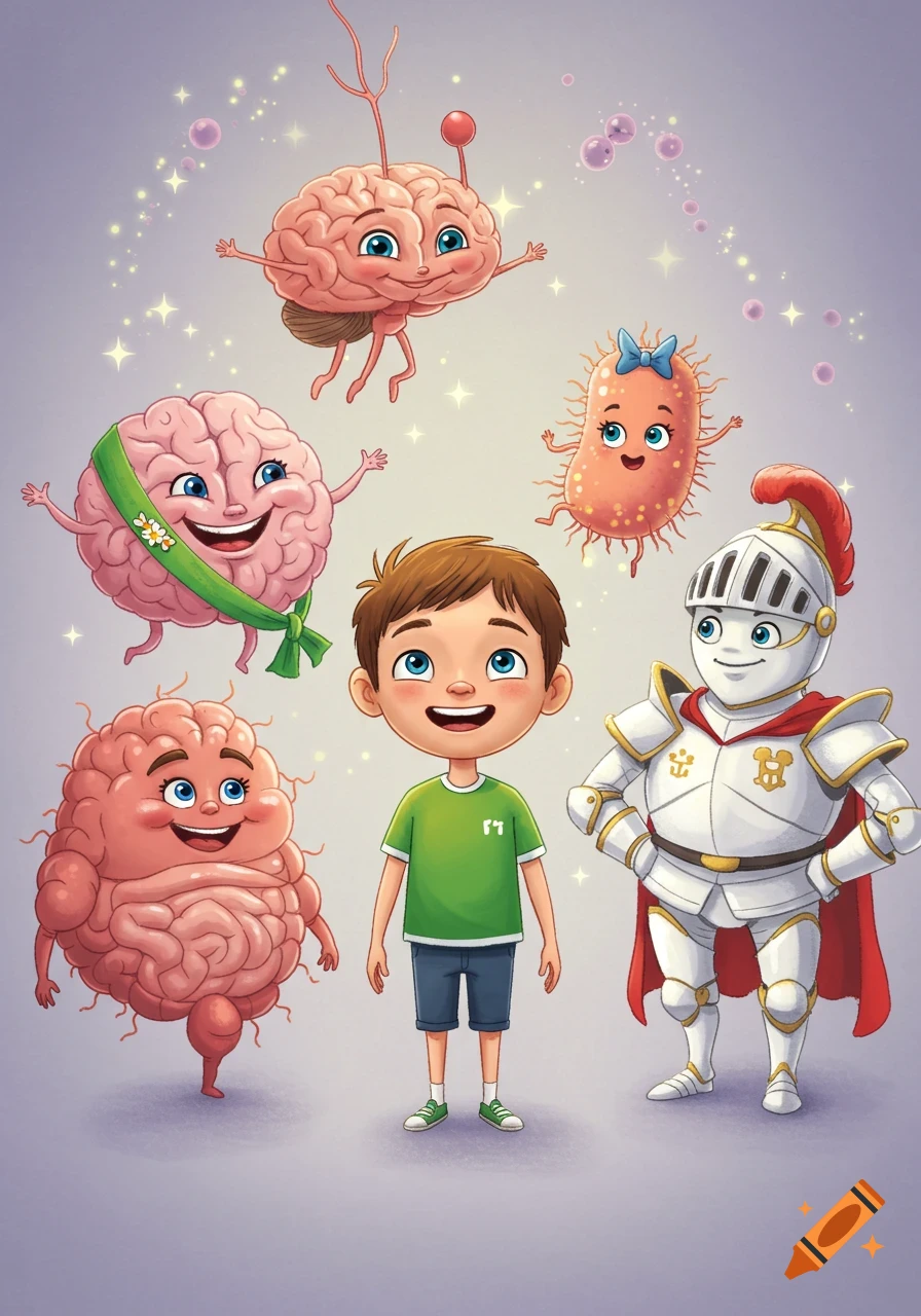A smiling boy in a green t-shirt stands surrounded by cartoon characters of a brain with a sash, a round intestine, a bacterium with a bow, and a knight in white armor, all on a magical pastel background.