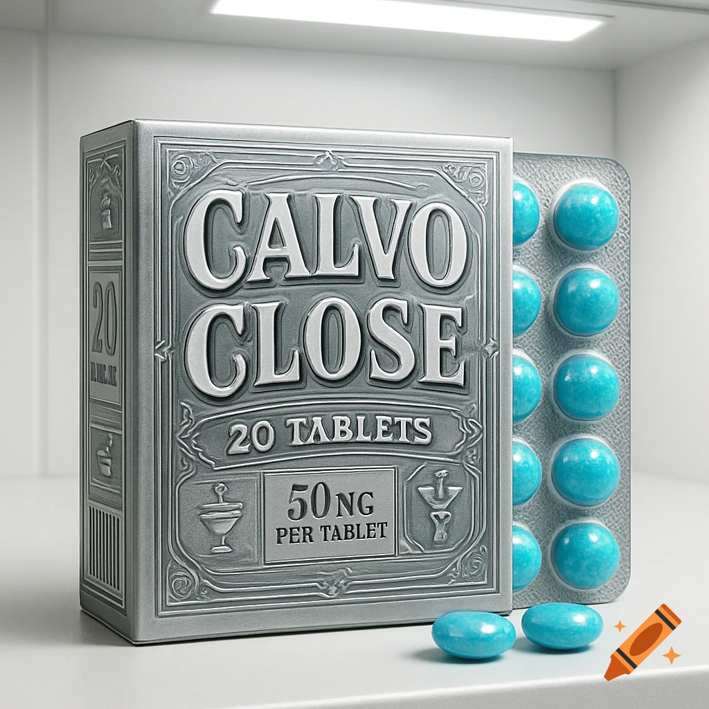 A silver medicine box labeled 'CALVO CLOSE', '20 TABLETS', '50 NG PER TABLET', next to a blister pack of blue, candy-like pills and two loose pills.