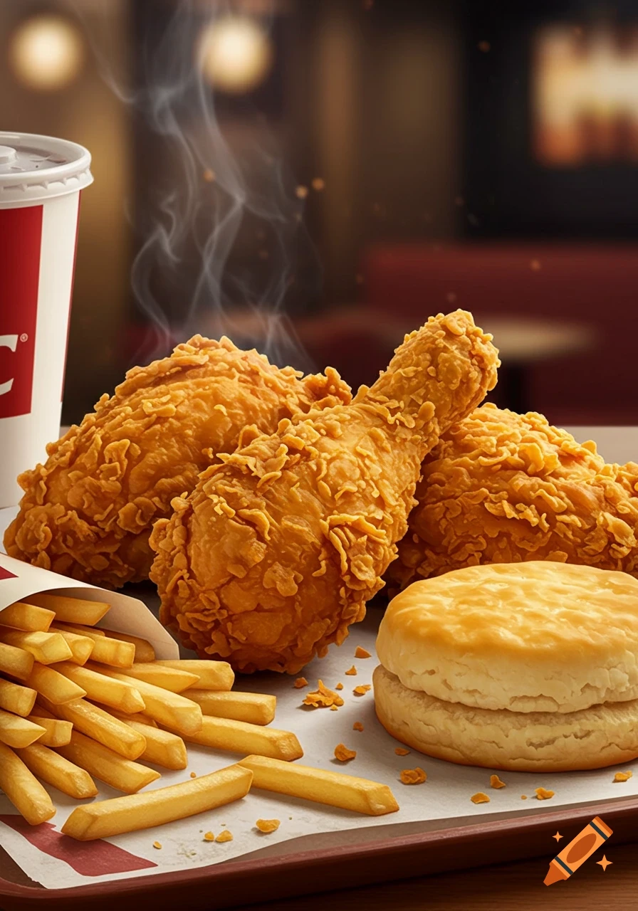 A photorealistic image of a fried chicken meal with french fries, a biscuit, and a soda on a tray.
