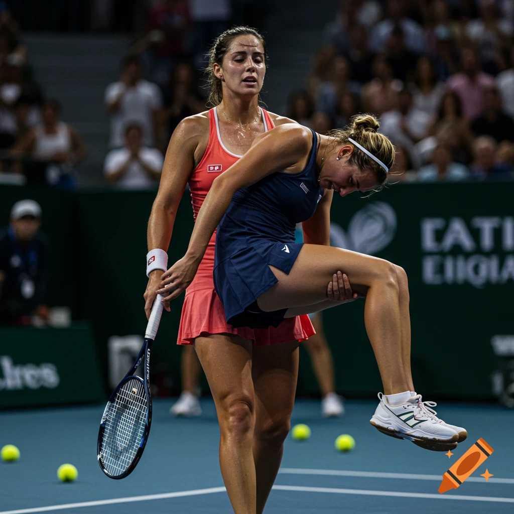 Two female tennis players on a court, one in red holding the arm of her teammate in blue, who holds her leg in pain.