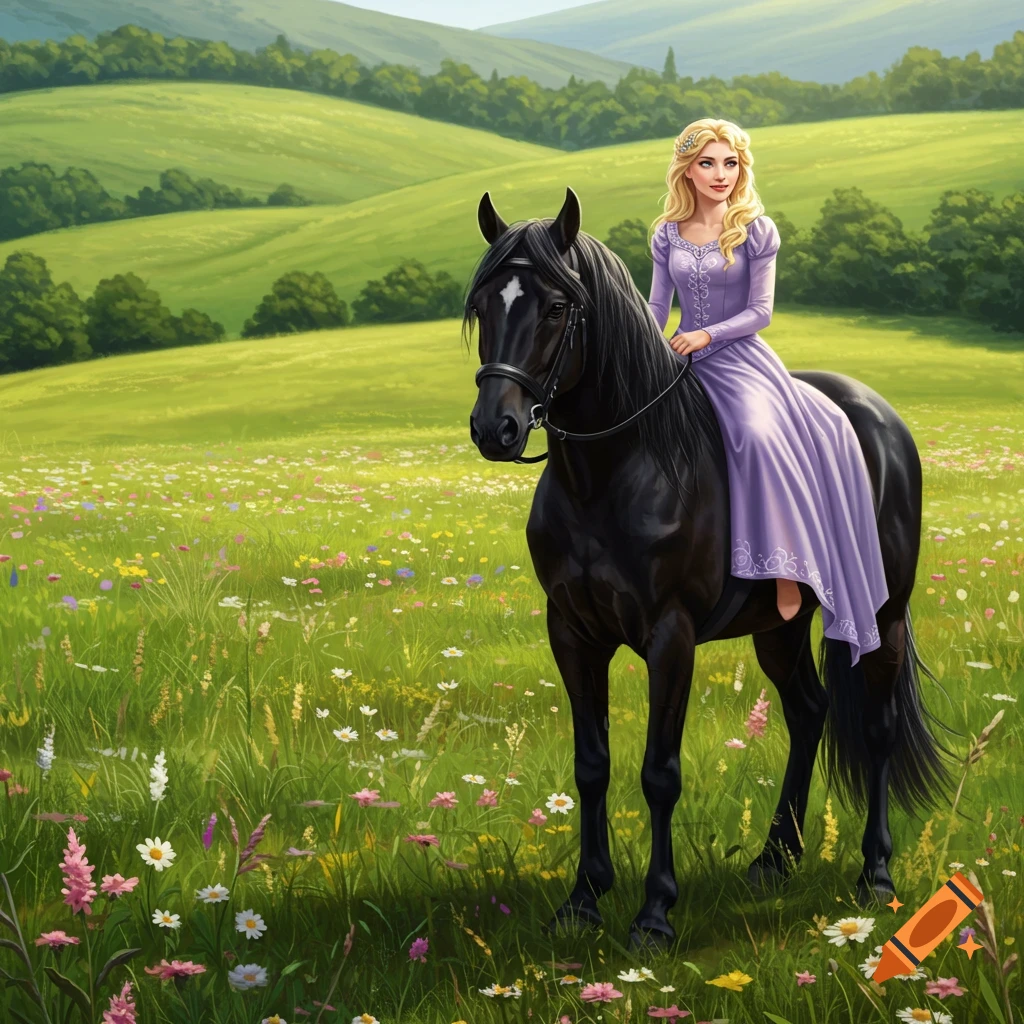A blonde princess in a lavender dress rides a black horse through a vibrant wildflower meadow with green hills.