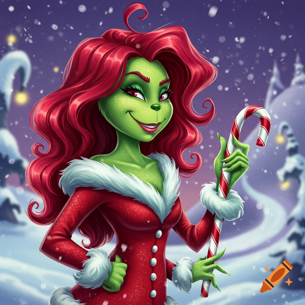 A female Grinch-like character with long red hair, green skin, and a red Santa coat holds a candy cane in a snowy landscape.