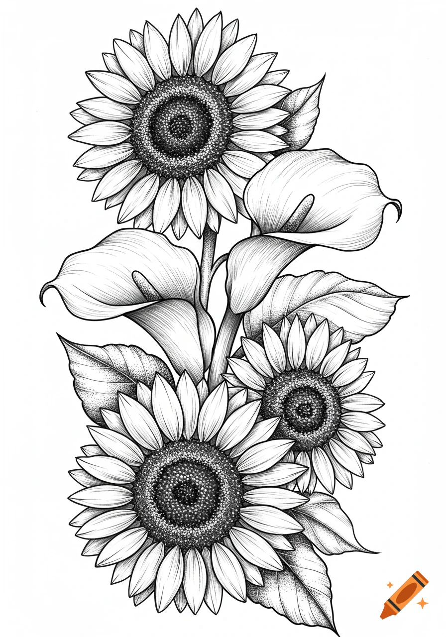 Black and white tattoo art of a bouquet with sunflowers, calla lilies, and leaves.
