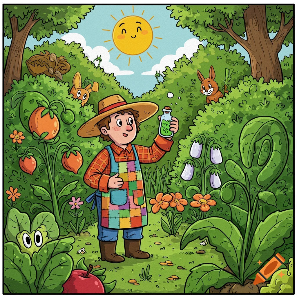 A happy cartoon gardener holds a green potion bottle in a vibrant garden filled with plants, flowers, fruits, and hidden bunnies, under a smiling sun.