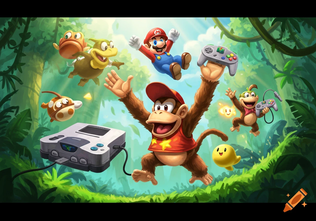 Diddy Kong, Mario, and other Nintendo characters float around a Nintendo 64 console and controllers in a vibrant jungle scene.