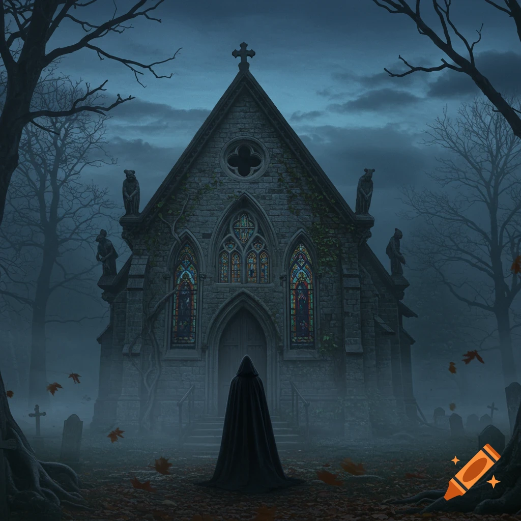 A cloaked figure stands before a gothic church with stained glass windows in a misty graveyard at night.