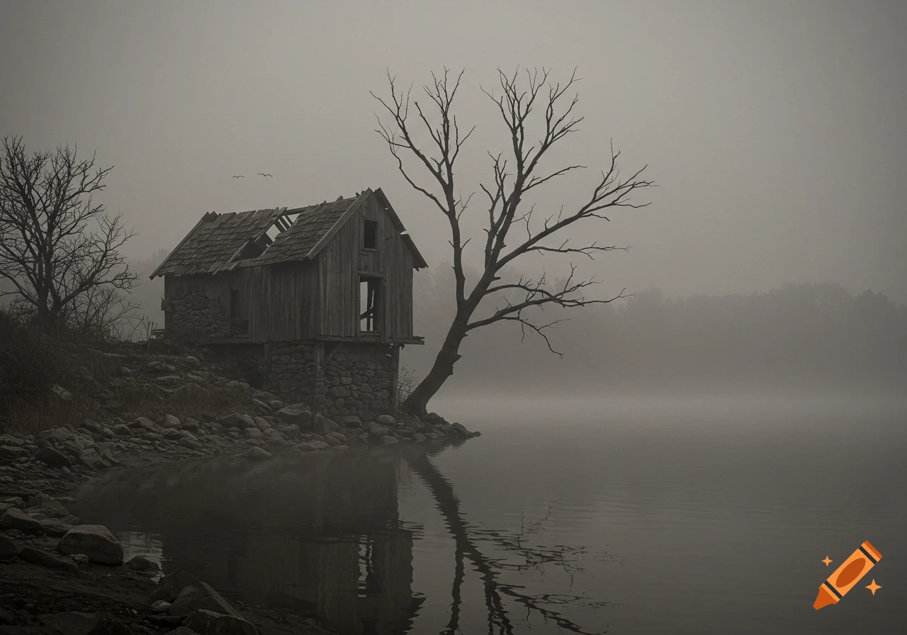 A ruined wooden cabin with a broken roof stands on a rocky shore next to a calm lake, shrouded in dense fog with bare trees.