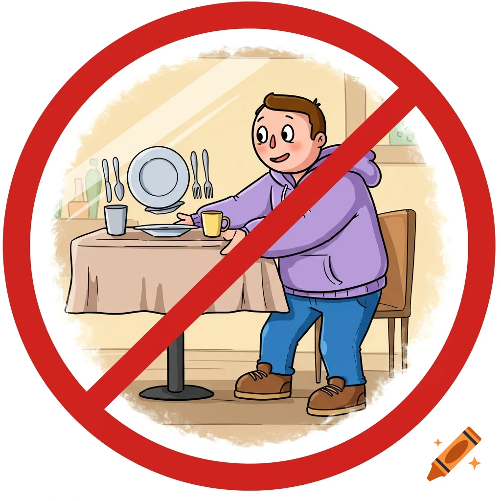 Cartoon of a man at a dining table covered by a red prohibition symbol.