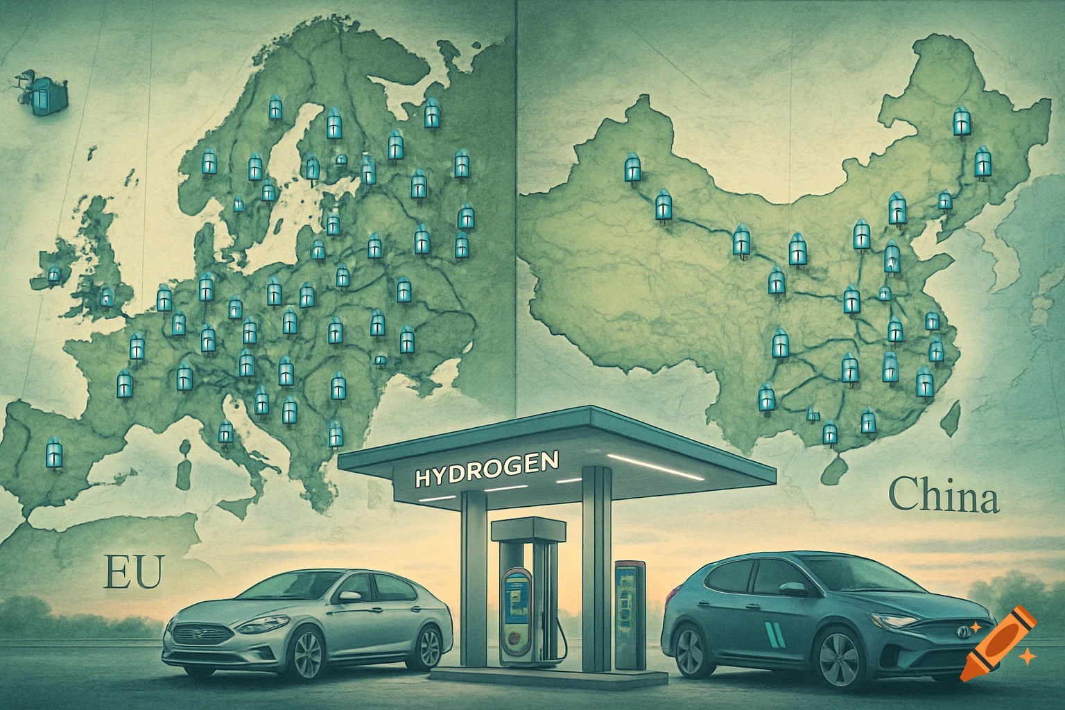 Photorealistic maps of Europe and China with hydrogen stations, and a hydrogen refueling station with two cars in the foreground.