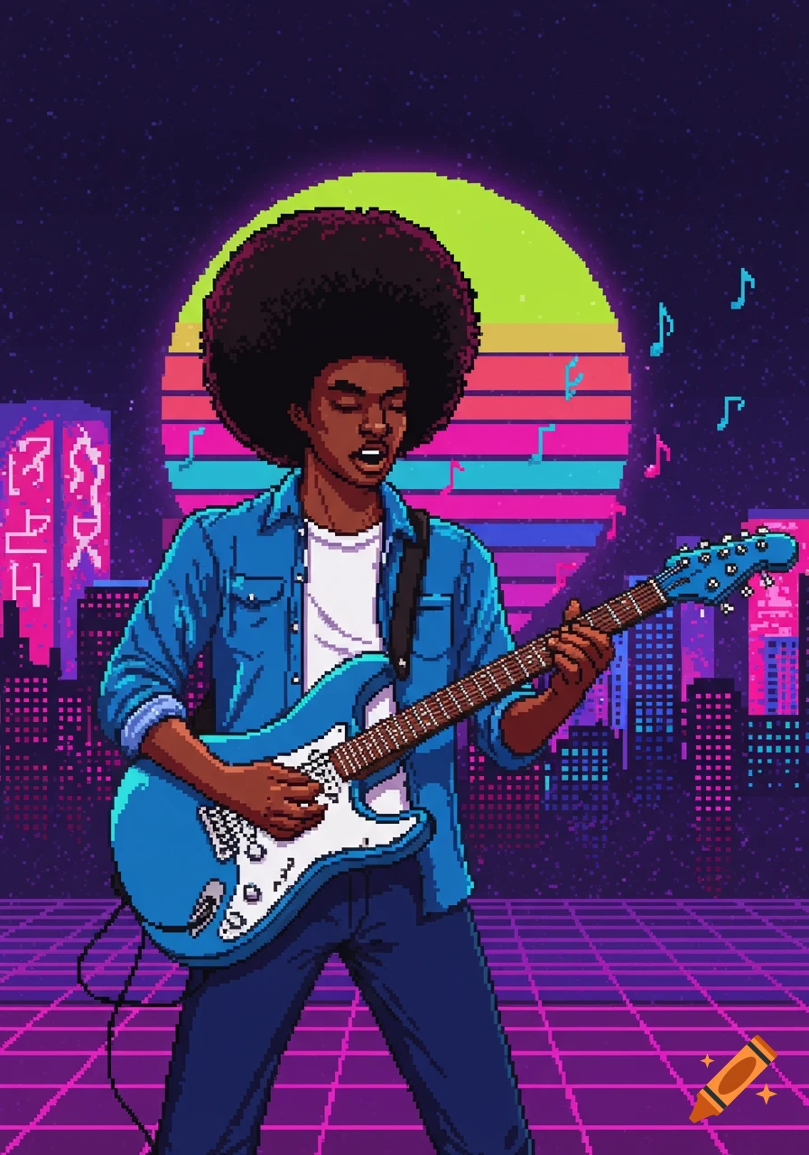 A Black person with an afro plays a blue electric guitar against a vibrant pixel art synthwave cityscape at night with a large retro sun.
