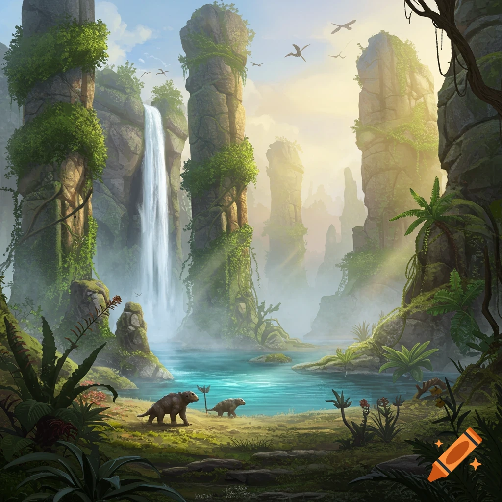 Lush prehistoric landscape with a tall waterfall, ivy-covered rock pillars, and two small dinosaurs by a turquoise river, bathed in sunlight.
