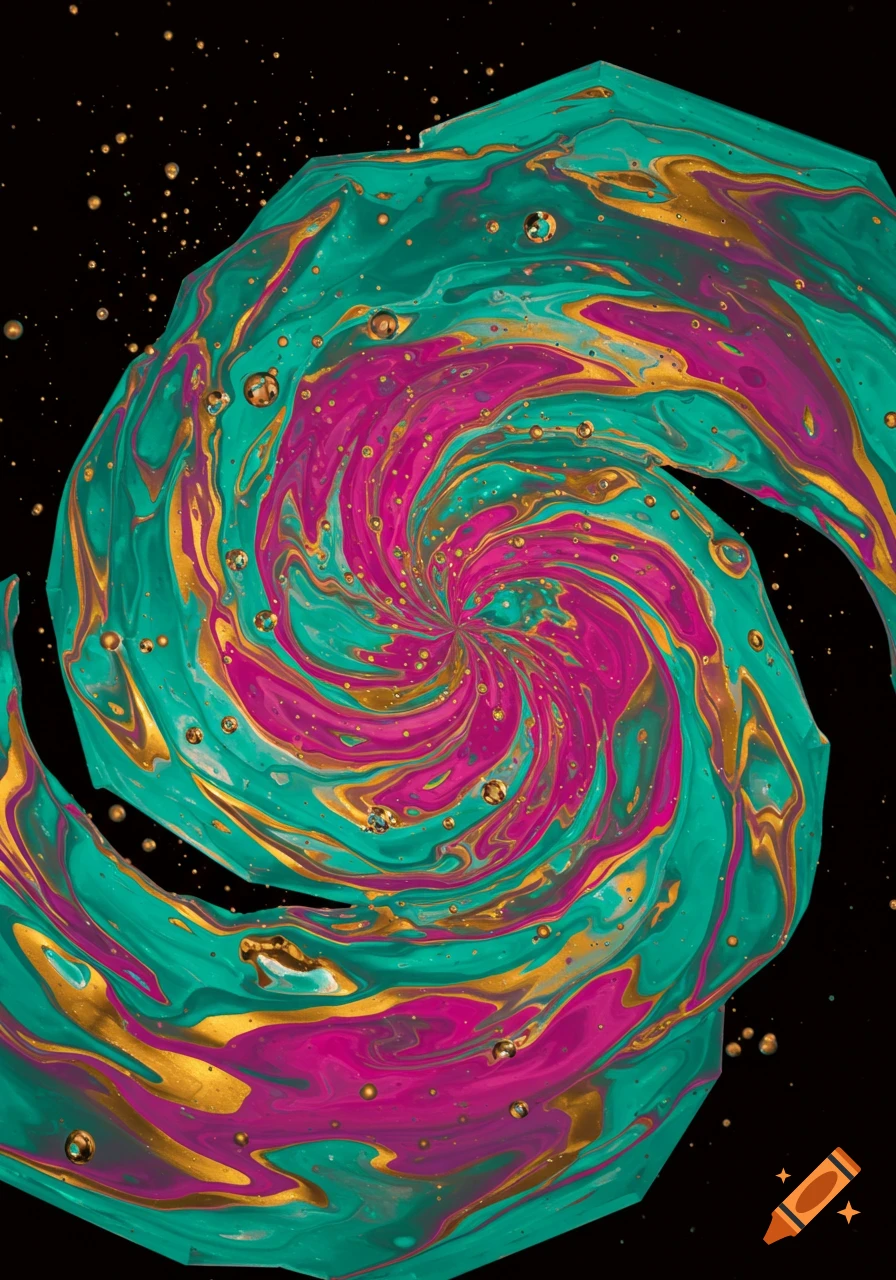 A vibrant abstract swirl of teal, magenta, and gold paint with small bubbles, on a black background.