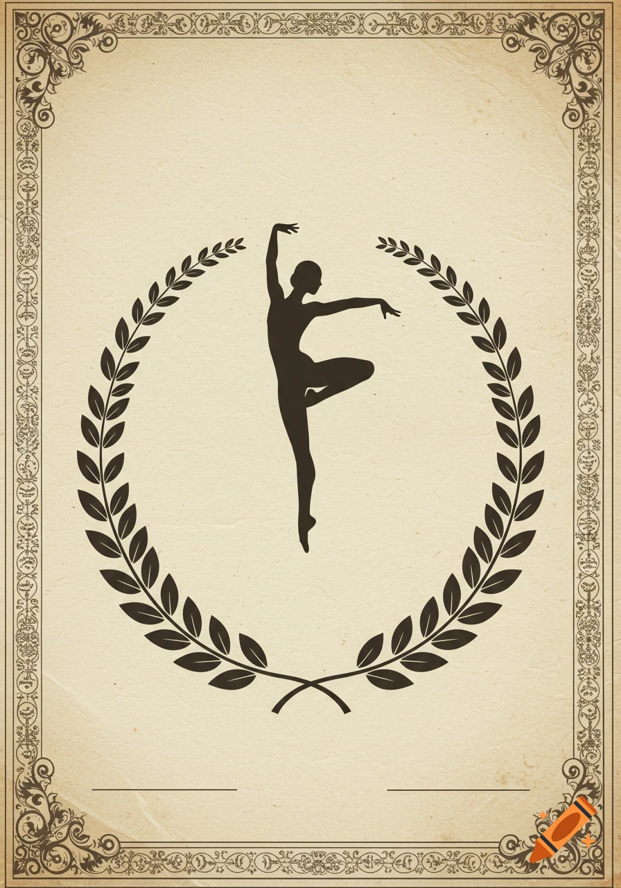 Vintage certificate with a dark silhouette of a dancer in a laurel wreath, framed by an ornate border.