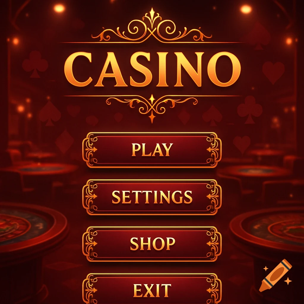 Stylized main menu for a casino game with 'CASINO' title and 'PLAY', 'SETTINGS', 'SHOP', 'EXIT' buttons on a red background.