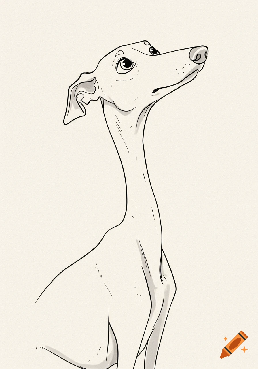 An outline drawing of a cute sighthound dog with a long neck looking ...