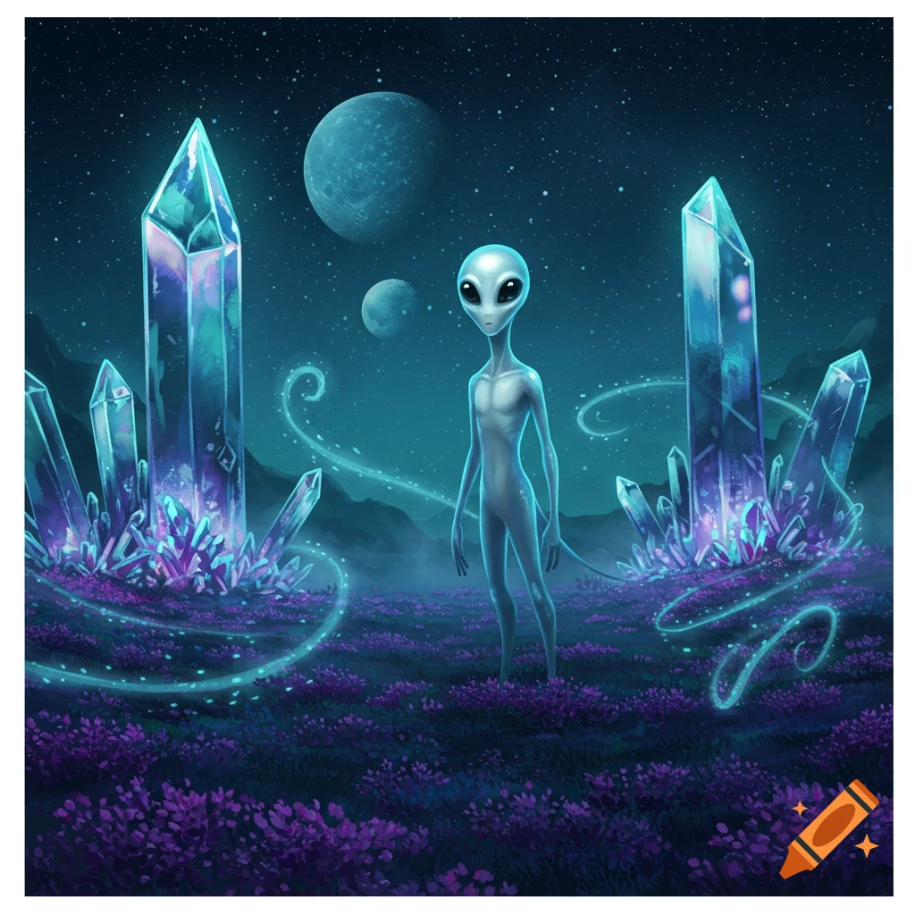 A grey alien with large black eyes stands in a field of glowing purple and blue crystals under a starry night sky with two moons.