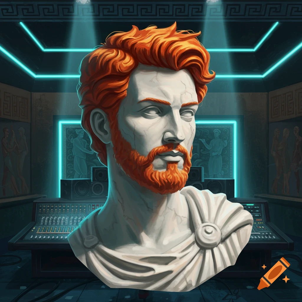 A stylized bust of a Greek-style man with red hair and beard in a modern music studio with blue neon lights and a sound mixer.