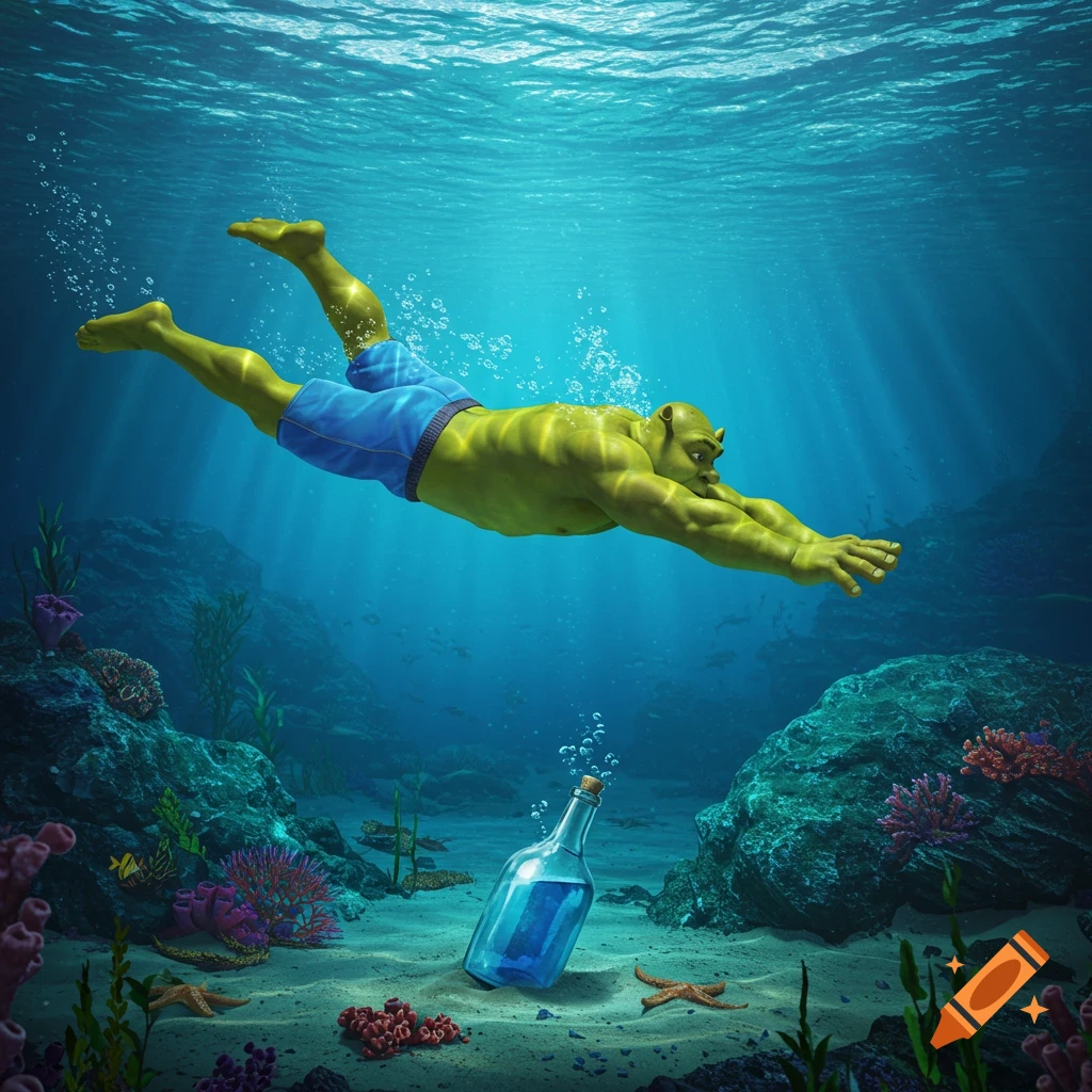 Shrek in blue shorts swims underwater toward a bottle on the seabed with coral.