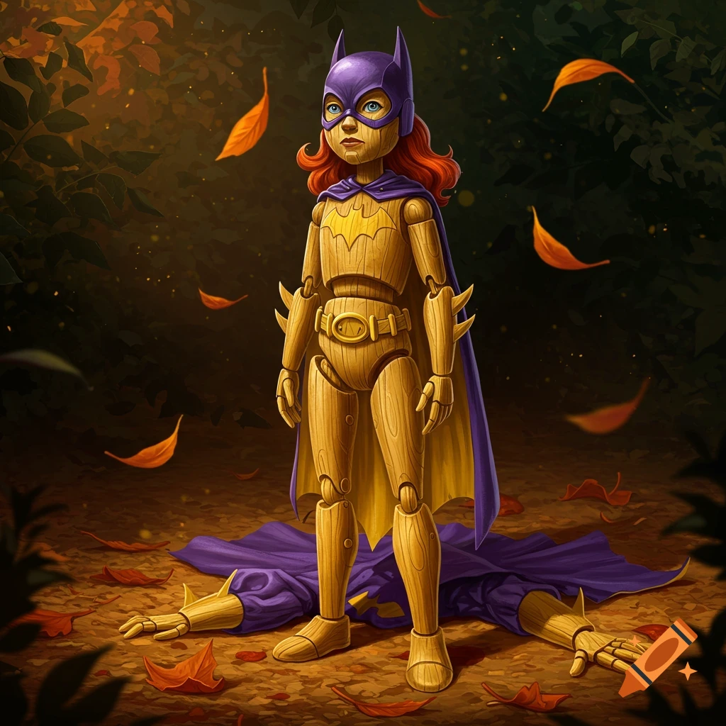 A wooden Batgirl puppet stands in a forest with autumn leaves, its empty purple costume lying on the ground.