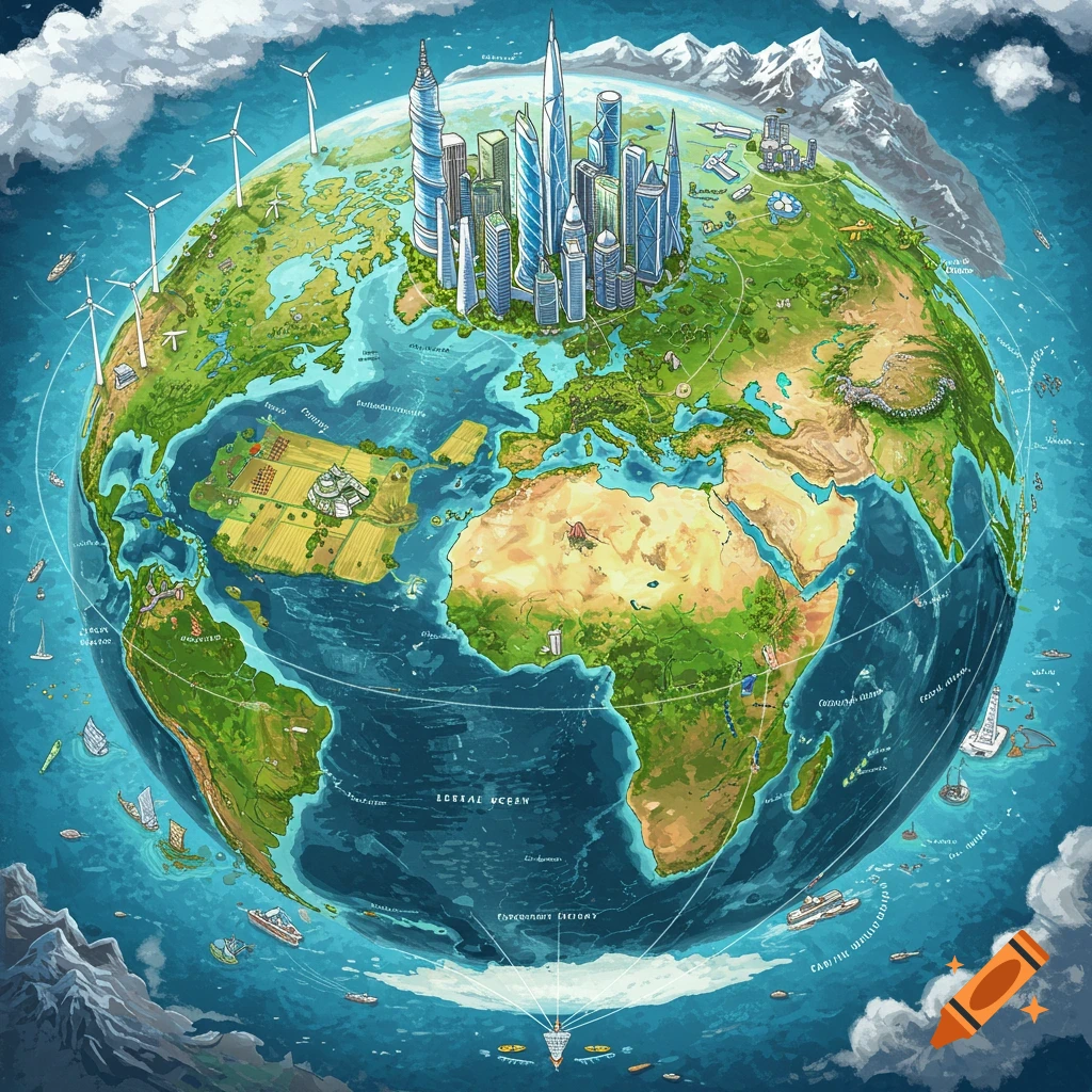 Vibrant, detailed, illustrated map of a futuristic Earth with vertical cities, green landscapes, wind turbines, and clean oceans.