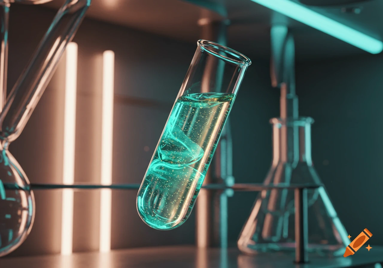 A glowing green liquid swirls inside a test tube, with other lab glassware and ambient neon lights in the background.