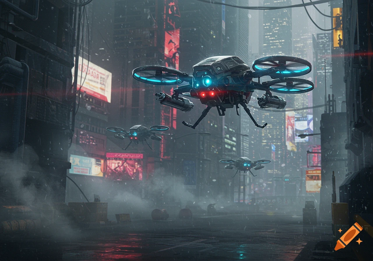 Three armed drones fly through a foggy, neon-lit cyberpunk city street under falling snow. Photorealistic style.