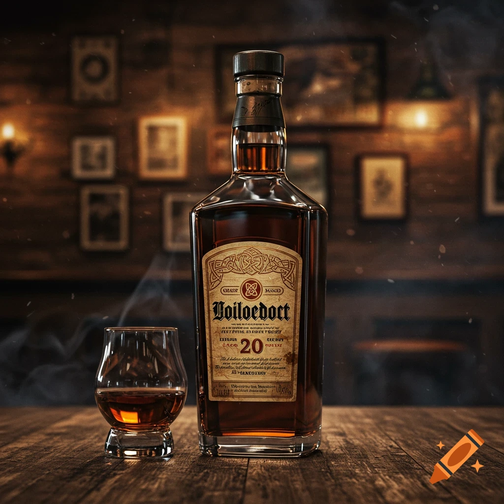 Photorealistic close-up of a whiskey bottle and a glass filled with whiskey on a wooden bar counter, with a dimly lit background.