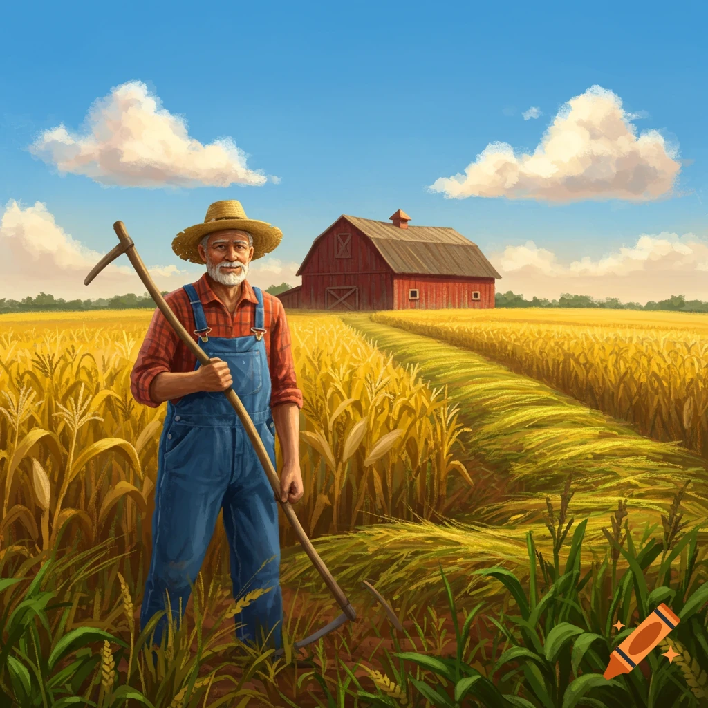 An old farmer in a straw hat and overalls holds a scythe in a golden cornfield with a red barn under a blue sky.