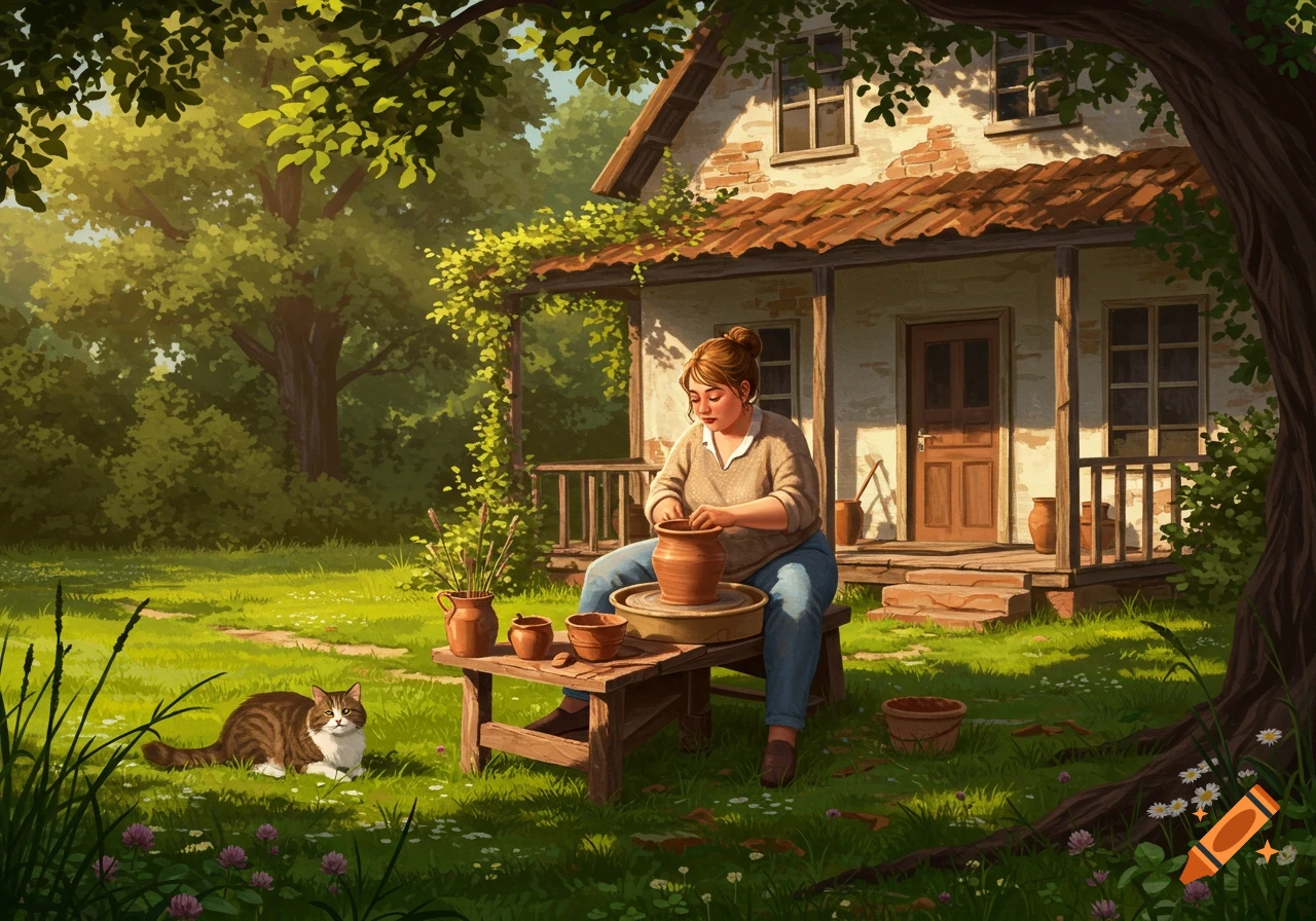 A woman making pottery on a wheel in a lush green yard outside an old cottage, with a tabby cat relaxing nearby. Illustration.