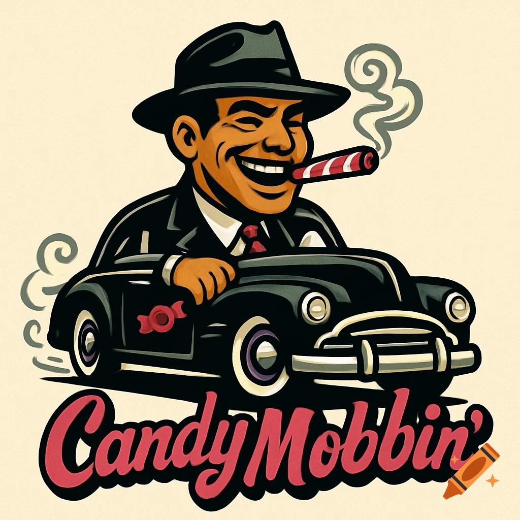 Retro cartoon logo of a smiling gangster in a fedora, smoking a candy cane cigar and driving a vintage black car, with 'Candy Mobbin'' text below.