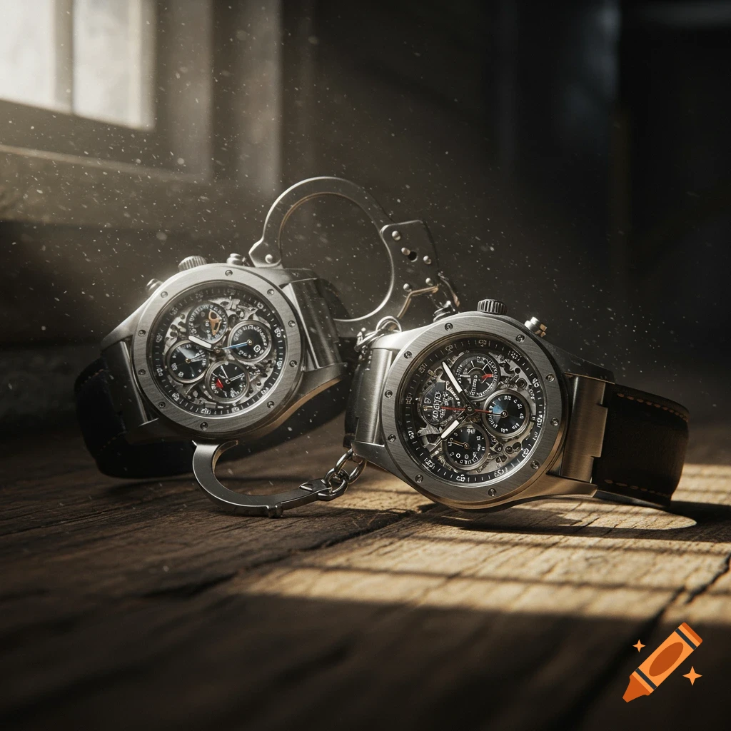 Two silver watches connected by handcuffs on a wooden surface, with light shining through a window in a photorealistic style.