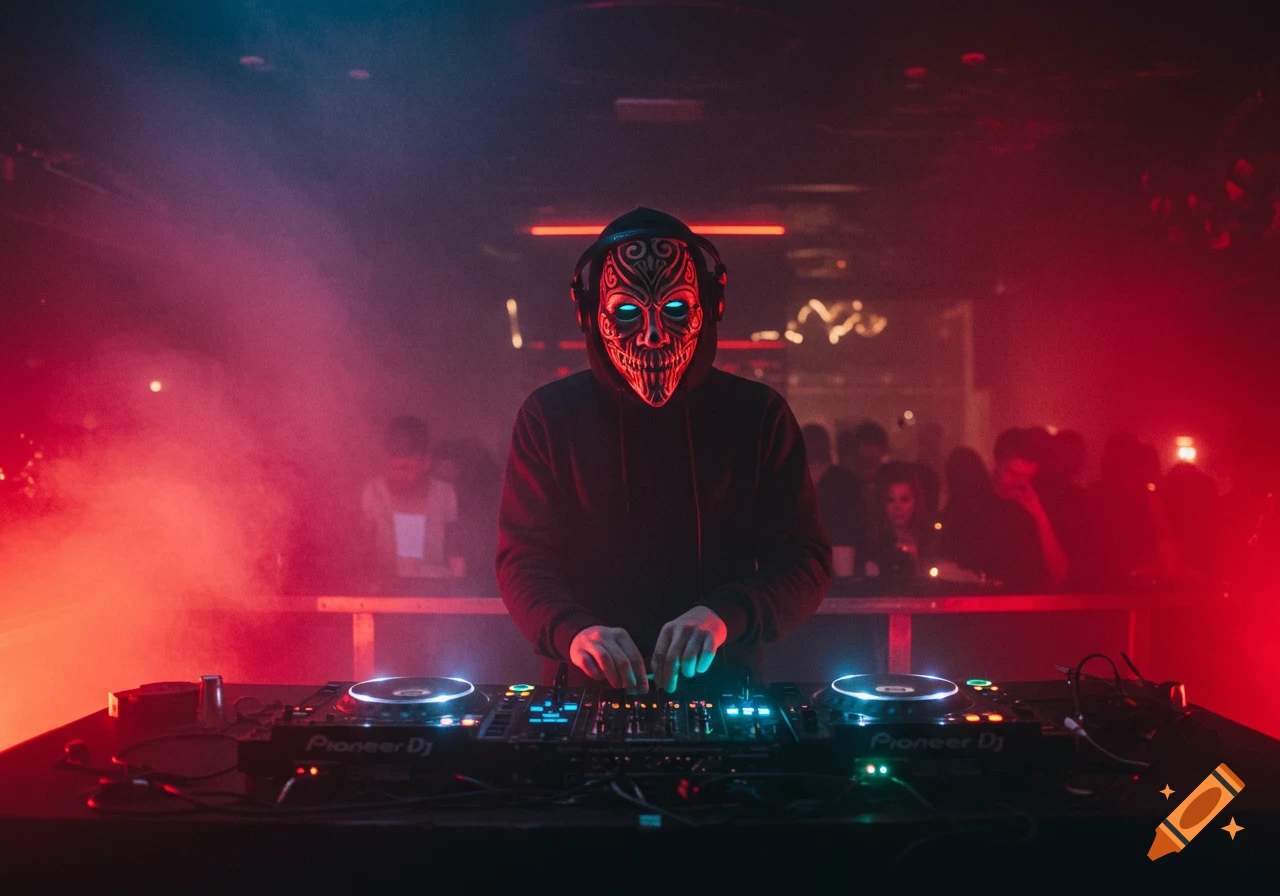 A masked DJ with glowing red eyes and tribal patterns performs at a smoky club with red and blue lighting.