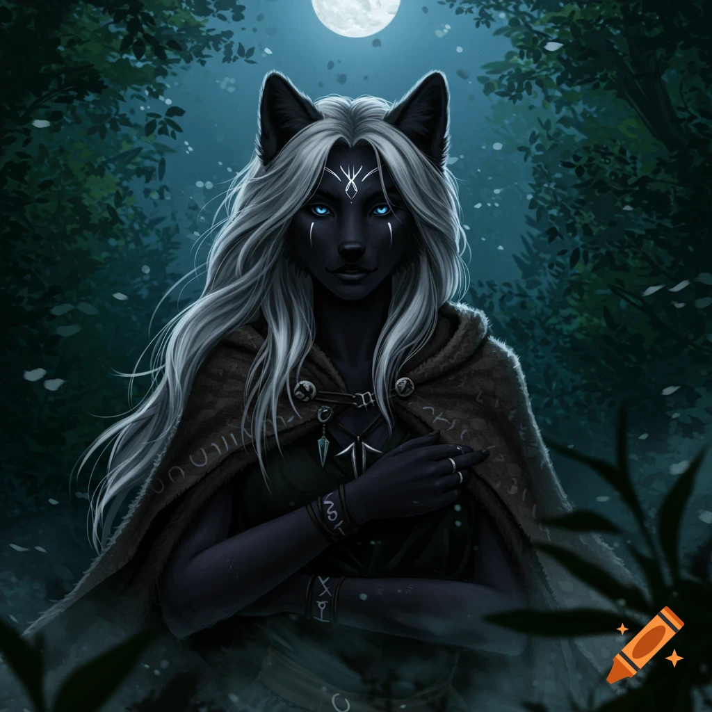 A dark-skinned wolf-woman with long white hair, glowing blue eyes, and a hooded cloak stands in a moonlit forest.