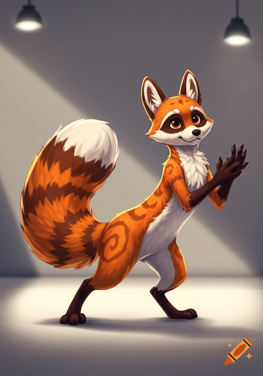 A stylized cartoon fox character stands under two spotlights, poised for movement, in a digital art style.