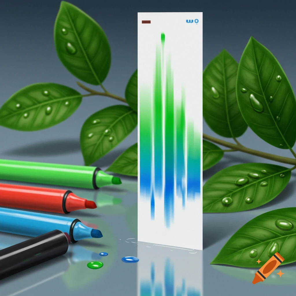 An illustration showing a chromatography experiment with colorful markers and green leaves with water droplets.
