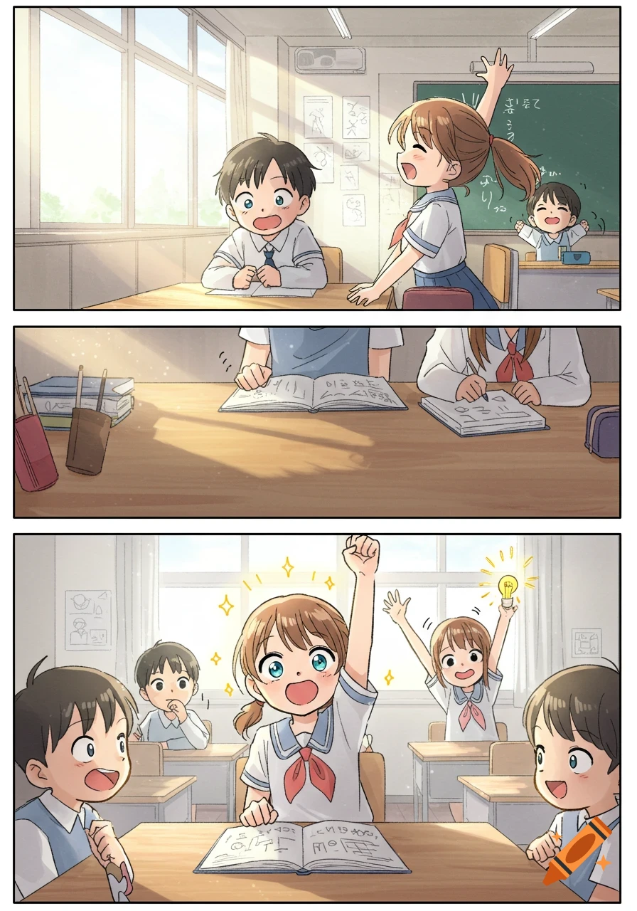 Three-panel manga showing elementary school children in a sunlit classroom. They are actively participating, raising hands and expressing excitement. The style is bright and cheerful.
