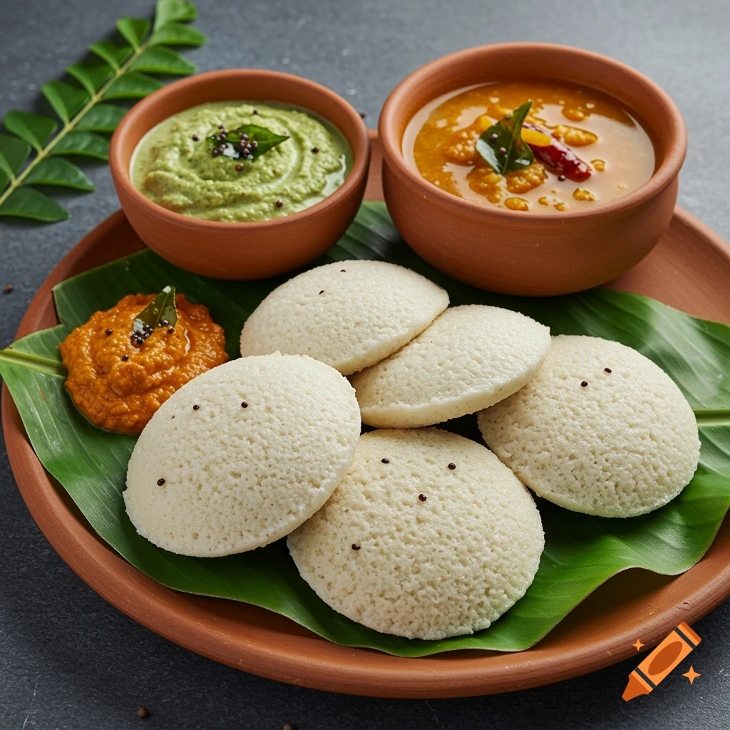 Photorealistic barnyard millet idlis with green and red chutneys and sambar, served on a banana leaf on a terracotta plate.